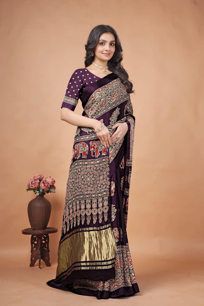 Maroon Pure Gajji Bandhej Ajrakh Print Saree