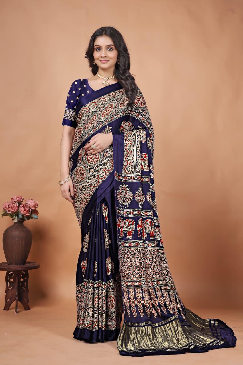 Navy Pure Gajji Bandhej Ajrakh Print Saree