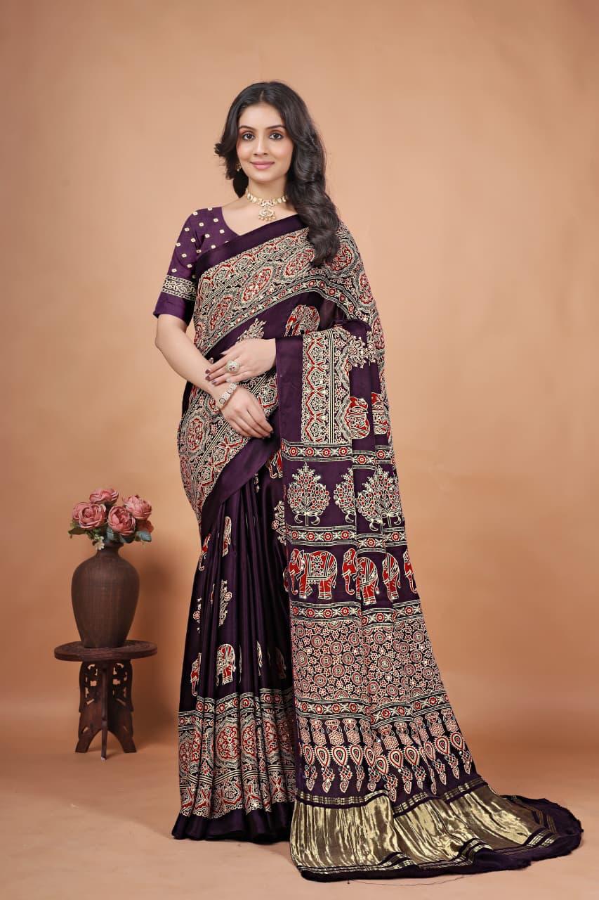 Maroon Pure Gajji Bandhej Ajrakh Print Saree