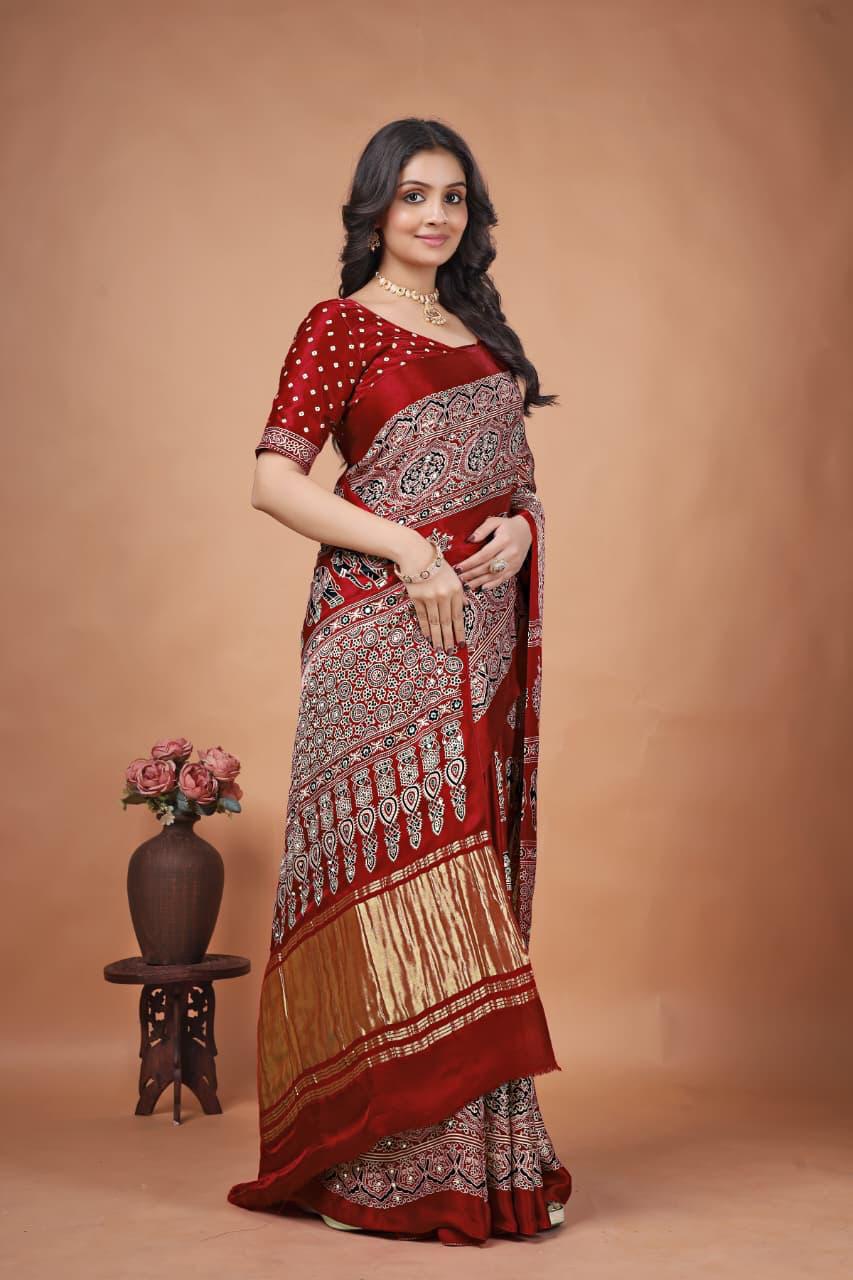 Red Pure Gajji Bandhej Ajrakh Print Saree