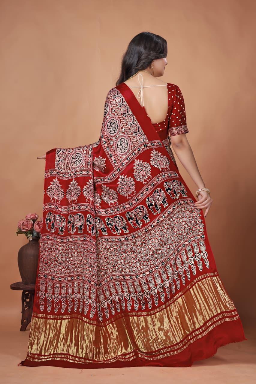 Red Pure Gajji Bandhej Ajrakh Print Saree