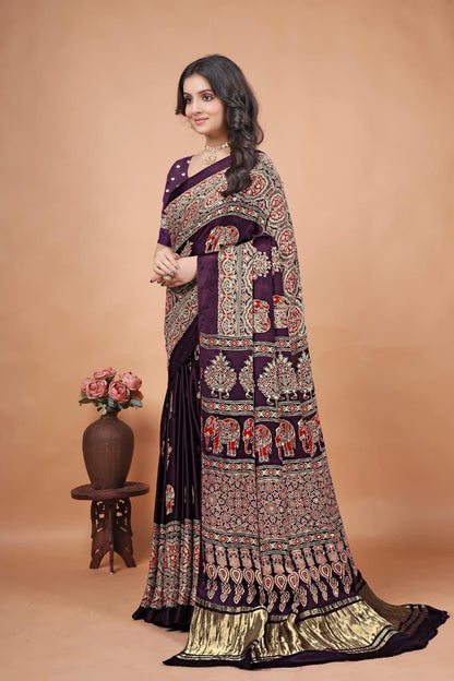 Maroon Pure Gajji Bandhej Ajrakh Print Saree