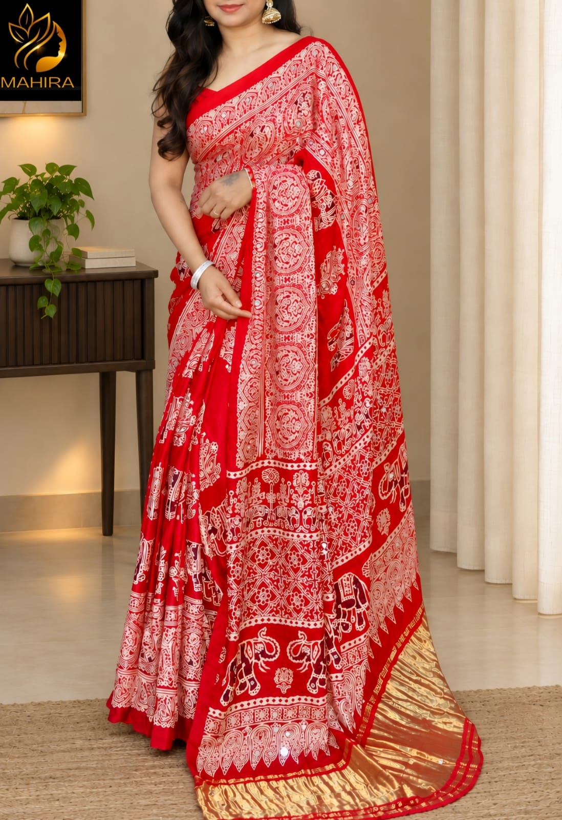 Red Pure Handloom Ajarakh Modal Silk  Real Mirror Sarees