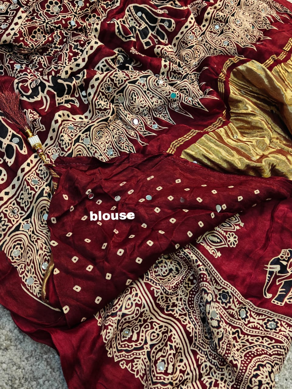 Maroon Pure Handloom Ajarakh Modal Silk  Real Mirror Sarees