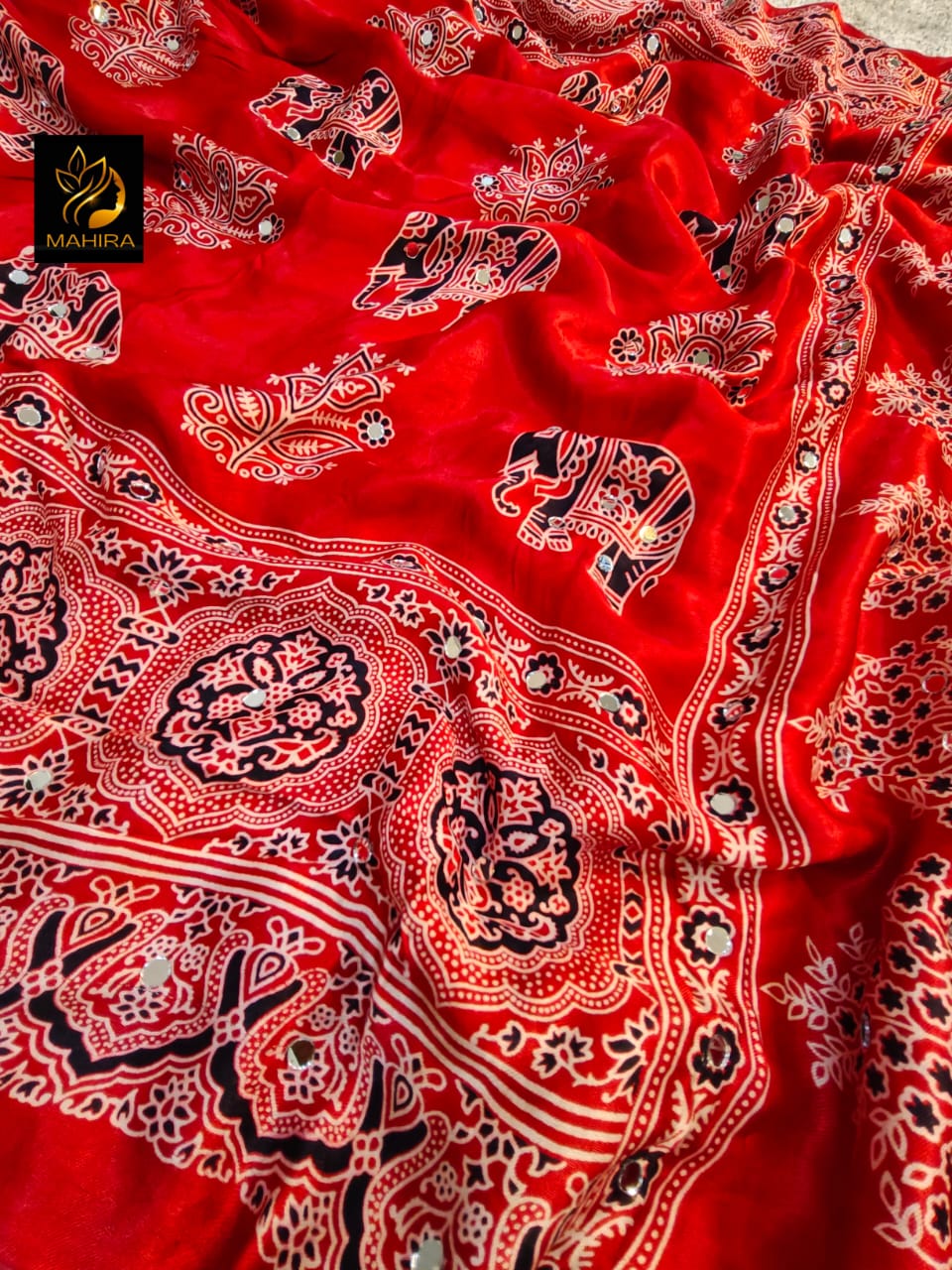 Red Pure Handloom Ajarakh Modal Silk  Real Mirror Sarees