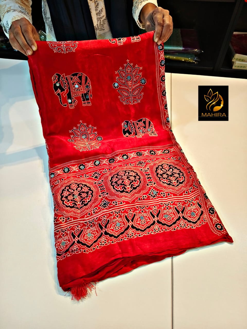 Red Pure Handloom Ajarakh Modal Silk  Real Mirror Sarees
