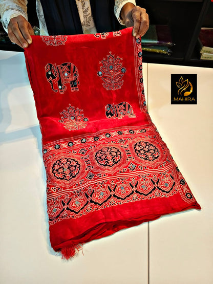 Red Pure Handloom Ajarakh Modal Silk  Real Mirror Sarees
