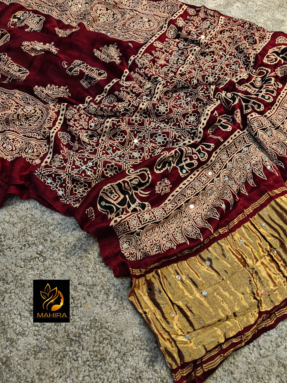 Maroon Pure Handloom Ajarakh Modal Silk  Real Mirror Sarees
