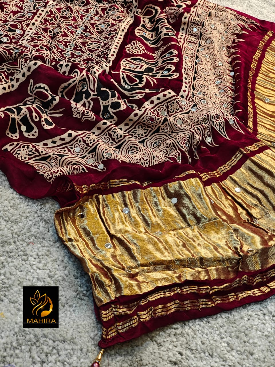 Maroon Pure Handloom Ajarakh Modal Silk  Real Mirror Sarees