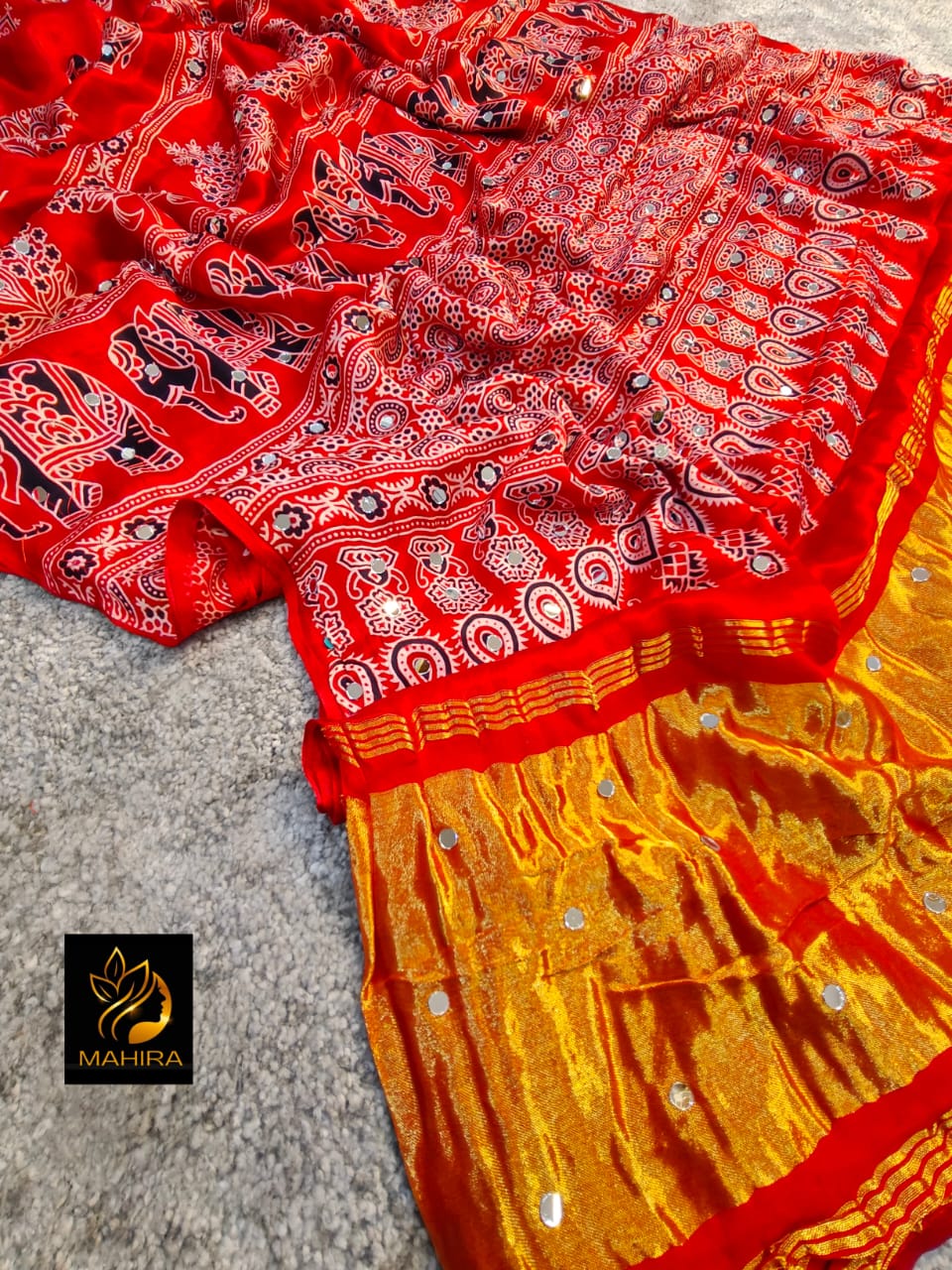 Red Pure Handloom Ajarakh Modal Silk  Real Mirror Sarees