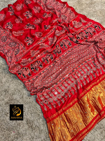 Red Pure Handloom Ajarakh Modal Silk  Real Mirror Sarees