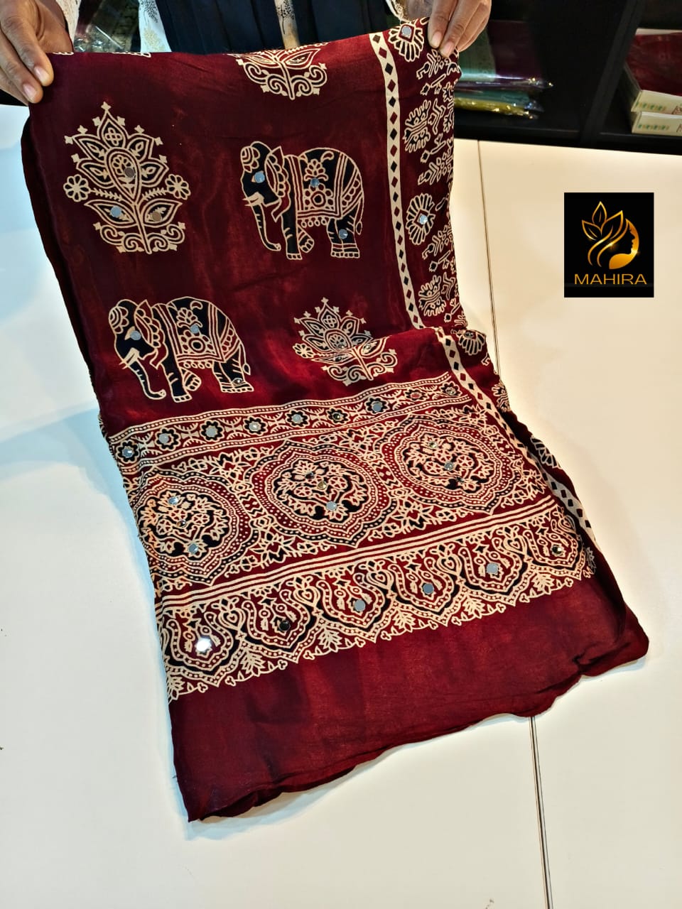 Maroon Pure Handloom Ajarakh Modal Silk  Real Mirror Sarees