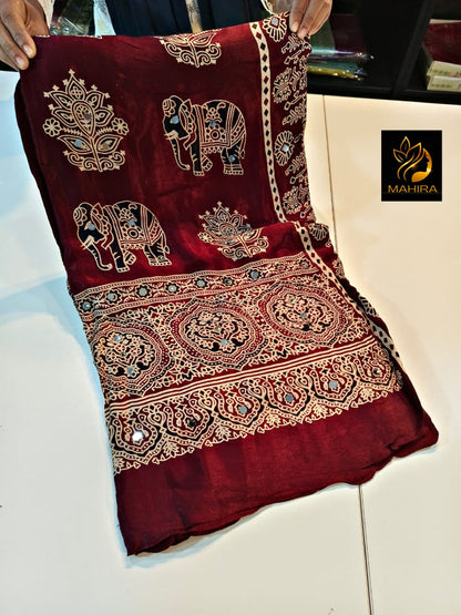 Maroon Pure Handloom Ajarakh Modal Silk  Real Mirror Sarees