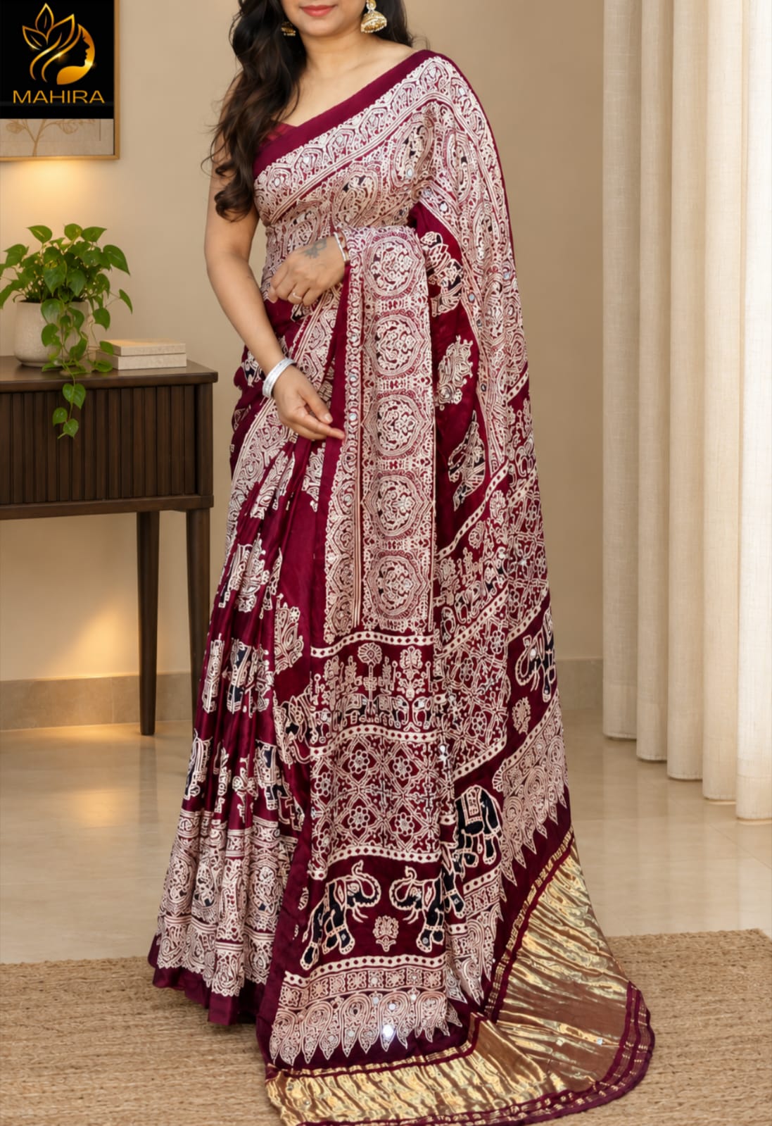 Maroon Pure Handloom Ajarakh Modal Silk  Real Mirror Sarees