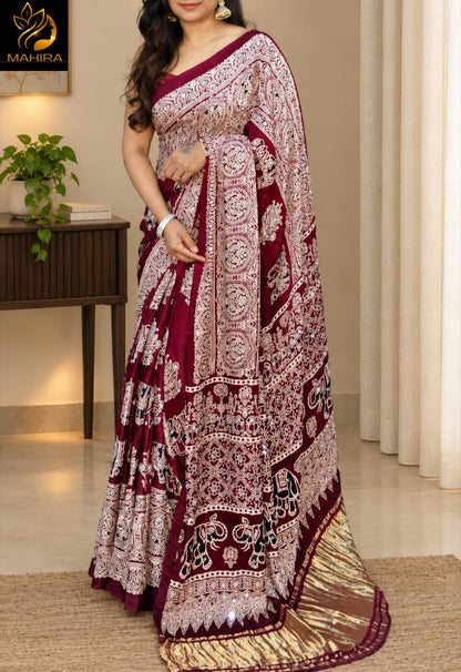 Maroon Pure Handloom Ajarakh Modal Silk  Real Mirror Sarees