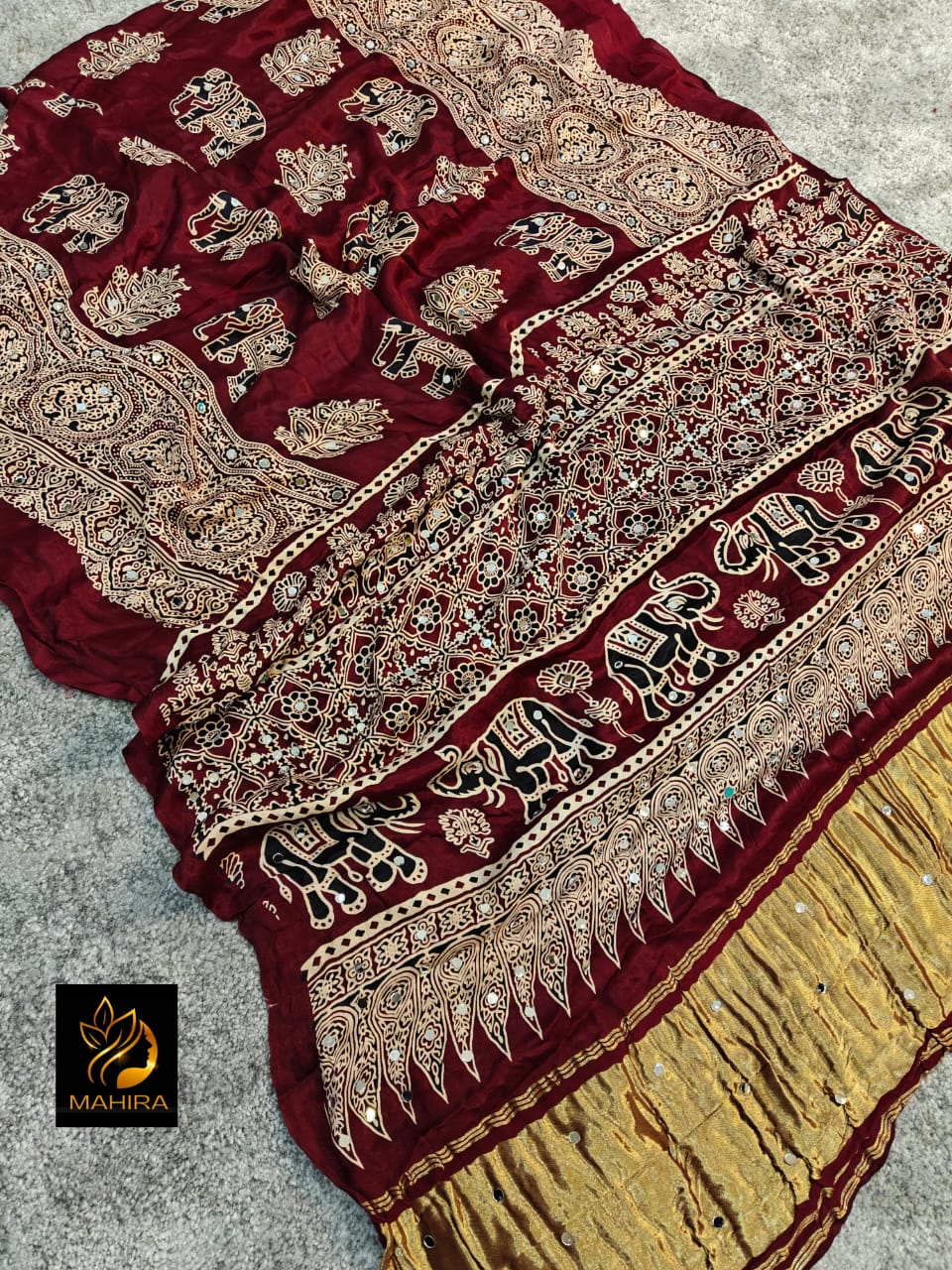 Maroon Pure Handloom Ajarakh Modal Silk  Real Mirror Sarees