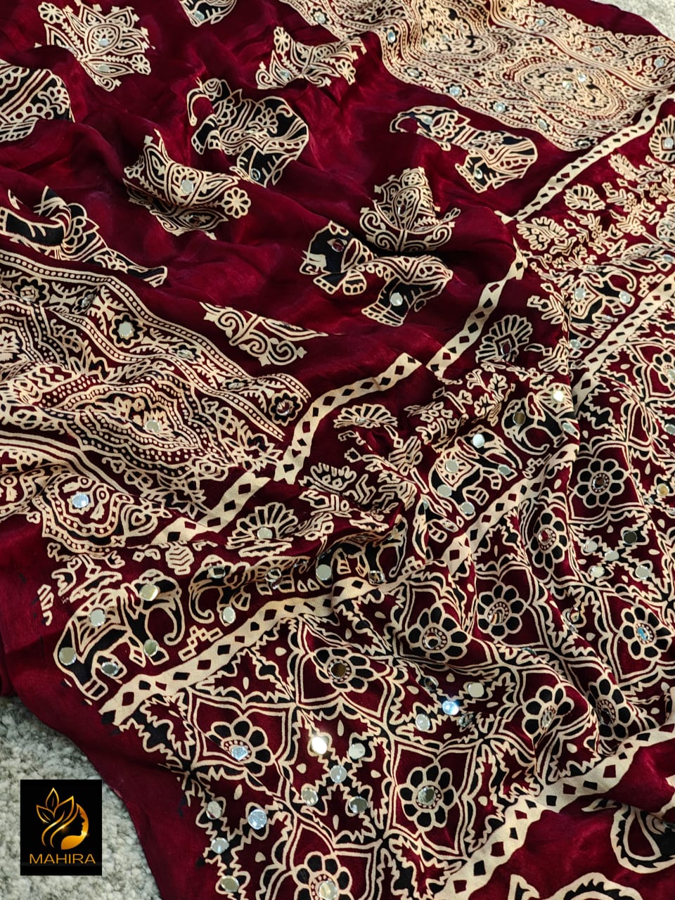 Maroon Pure Handloom Ajarakh Modal Silk  Real Mirror Sarees