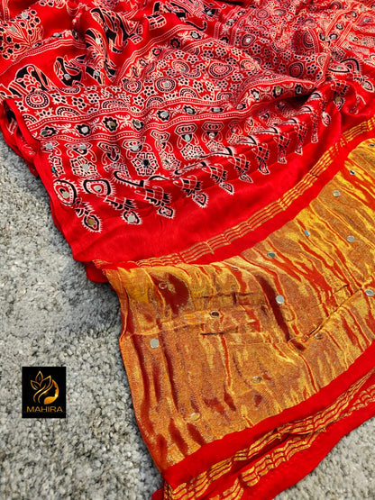 Red Pure Handloom Ajarakh Modal Silk  Real Mirror Sarees