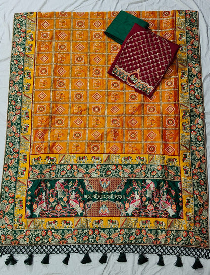 Yellow Pure Soft Silk Heavy Embroidery Diamond Work Gharchola Panetar Saree