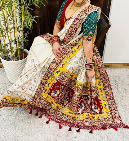 White Pure Soft Silk Heavy Embroidery Diamond Work Gharchola Panetar Saree