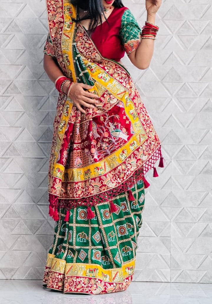 Green Pure Soft Silk Heavy Embroidery Diamond Work Gharchola Panetar Saree