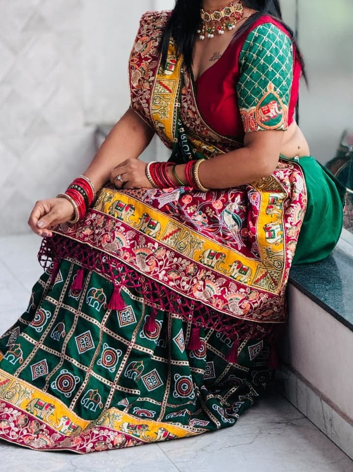 Green Pure Soft Silk Heavy Embroidery Diamond Work Gharchola Panetar Saree