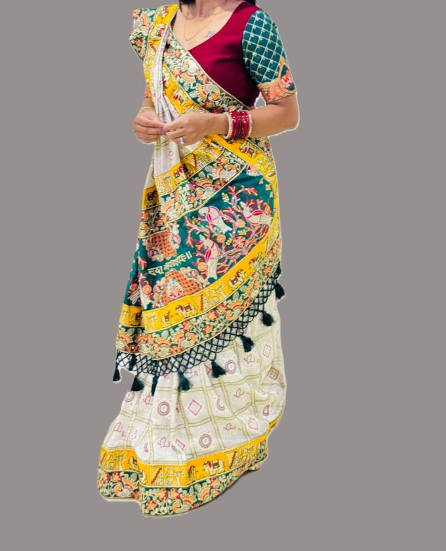White Pure Soft Silk Heavy Embroidery Diamond Work Gharchola Panetar Saree
