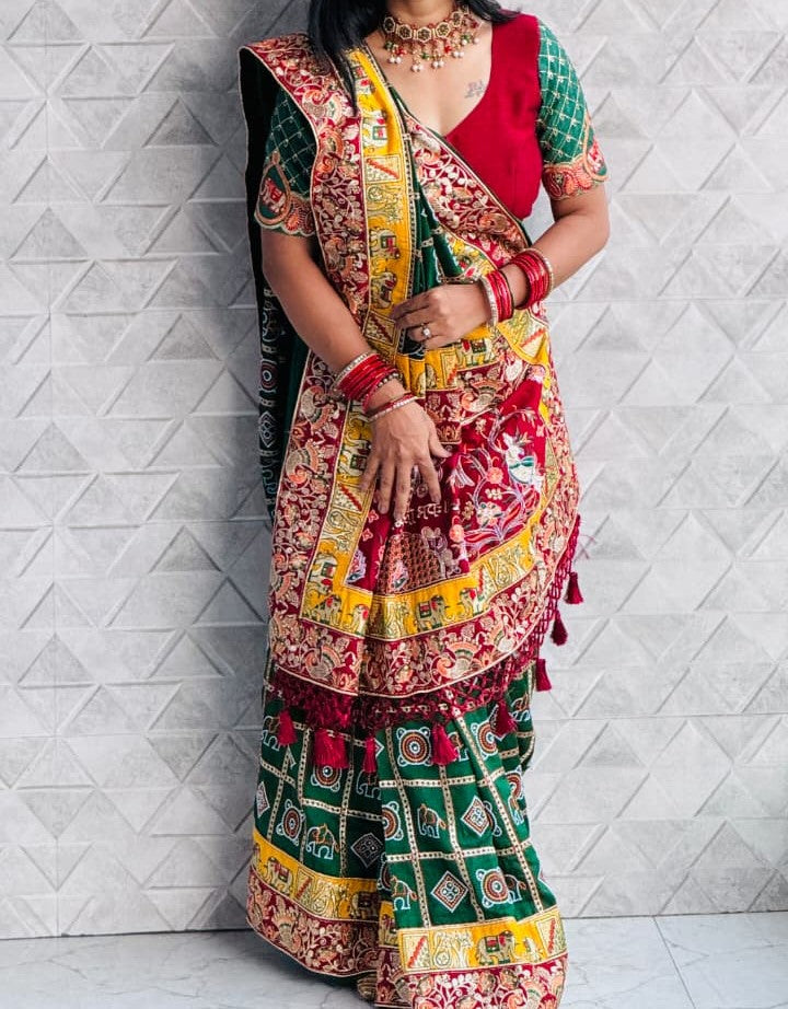 Green Pure Soft Silk Heavy Embroidery Diamond Work Gharchola Panetar Saree