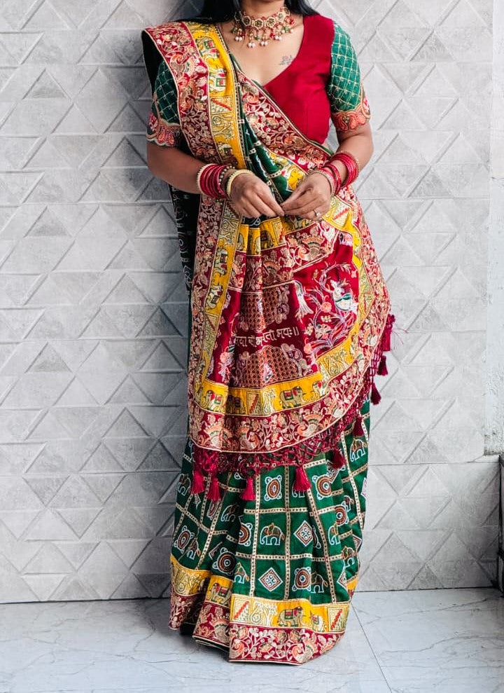 Green Pure Soft Silk Heavy Embroidery Diamond Work Gharchola Panetar Saree