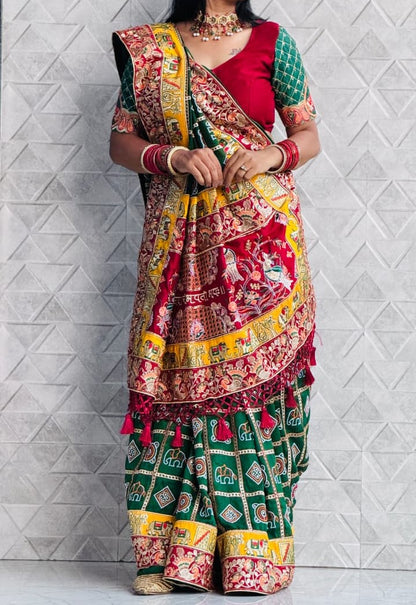 Green Pure Soft Silk Heavy Embroidery Diamond Work Gharchola Panetar Saree