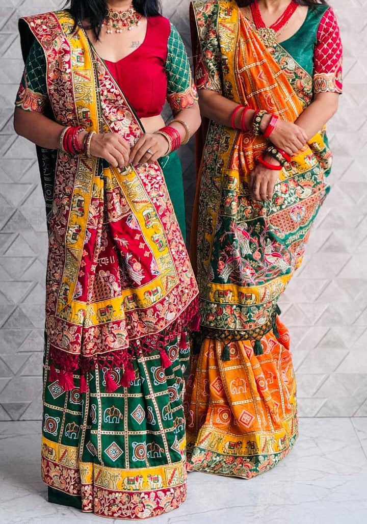 Green Pure Soft Silk Heavy Embroidery Diamond Work Gharchola Panetar Saree
