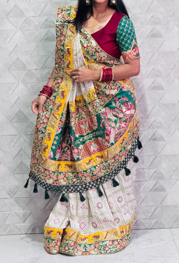 White Pure Soft Silk Heavy Embroidery Diamond Work Gharchola Panetar Saree
