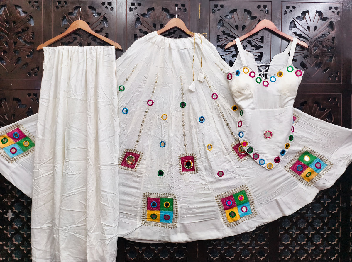 White Pure Rayon Cotton Heavy Embroidery with Real Mirror Work Navratri Lehenga Choli