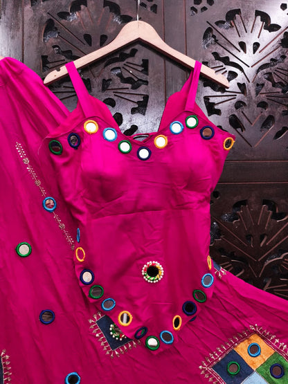 Rani Pink Pure Rayon Cotton Heavy Embroidery with Real Mirror Work Navratri Lehenga Choli