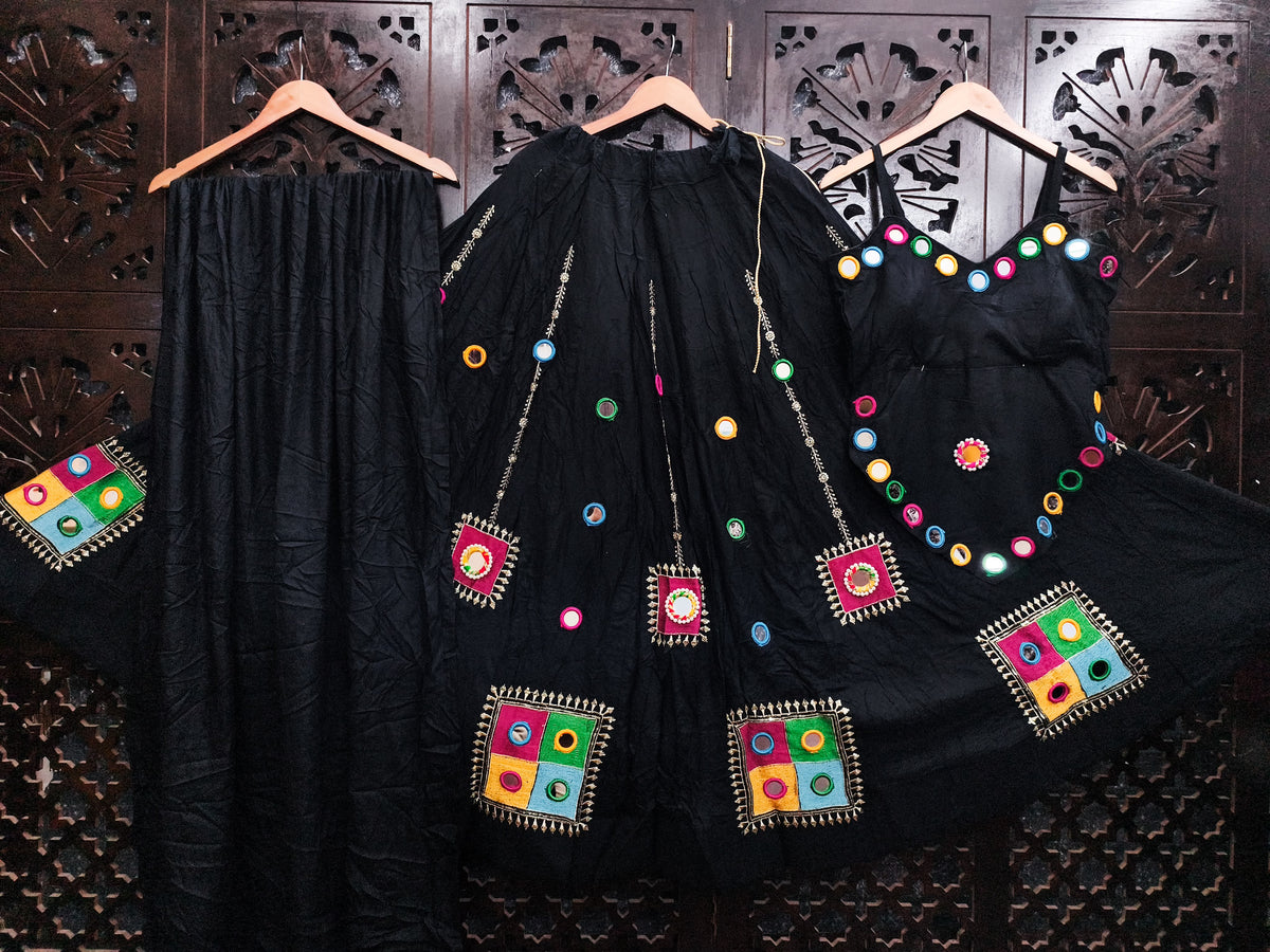 Black Pure Rayon Cotton Heavy Embroidery with Real Mirror Work Navratri Lehenga Choli