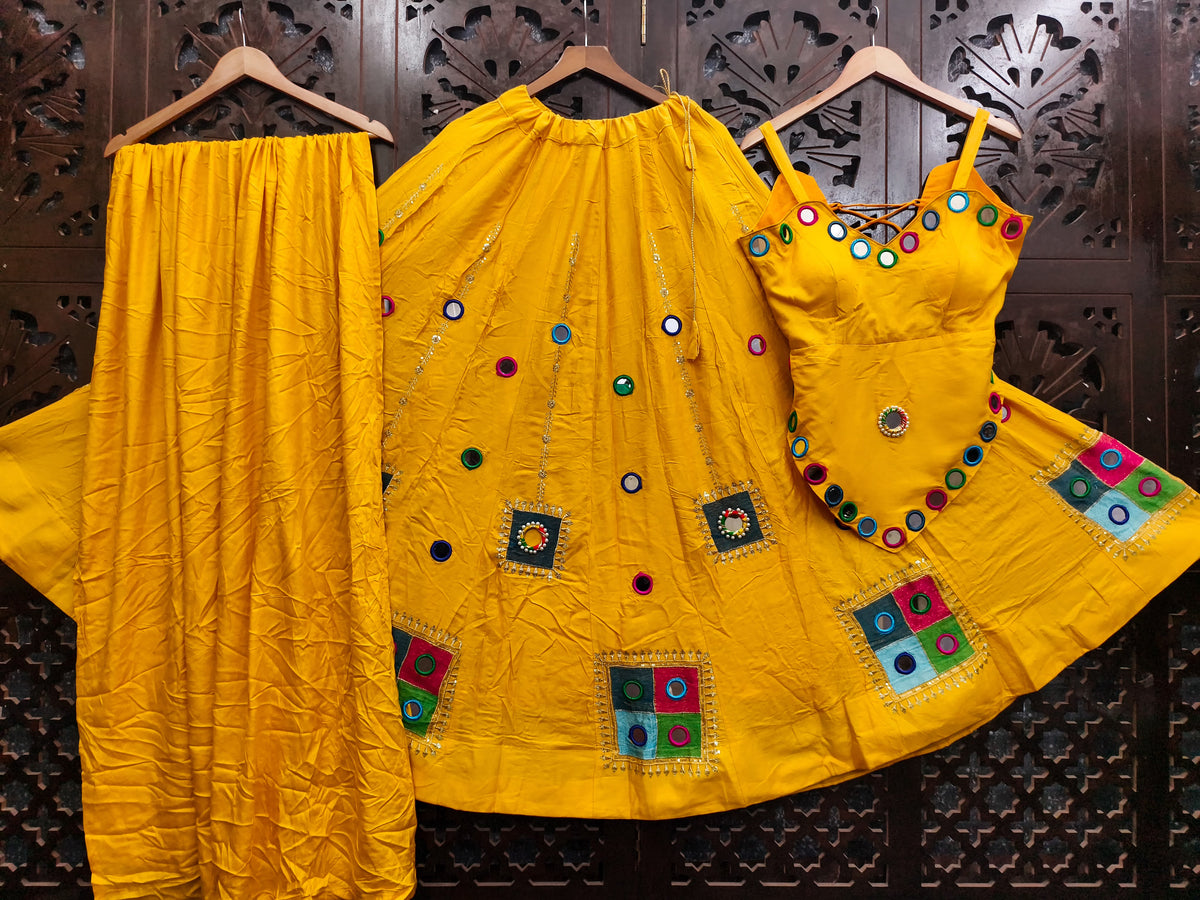 Yellow Pure Rayon Cotton Heavy Embroidery with Real Mirror Work Navratri Lehenga Choli
