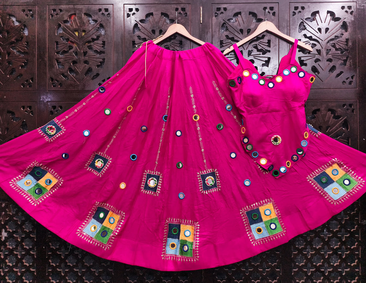 Rani Pink Pure Rayon Cotton Heavy Embroidery with Real Mirror Work Navratri Lehenga Choli
