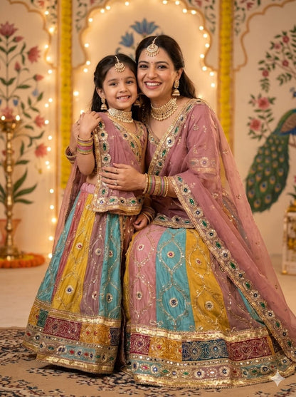 Mauve Pure Georgette Silk Vintage Rajasthani Rajwadi Mother Daughter Combo Lehenga Choli