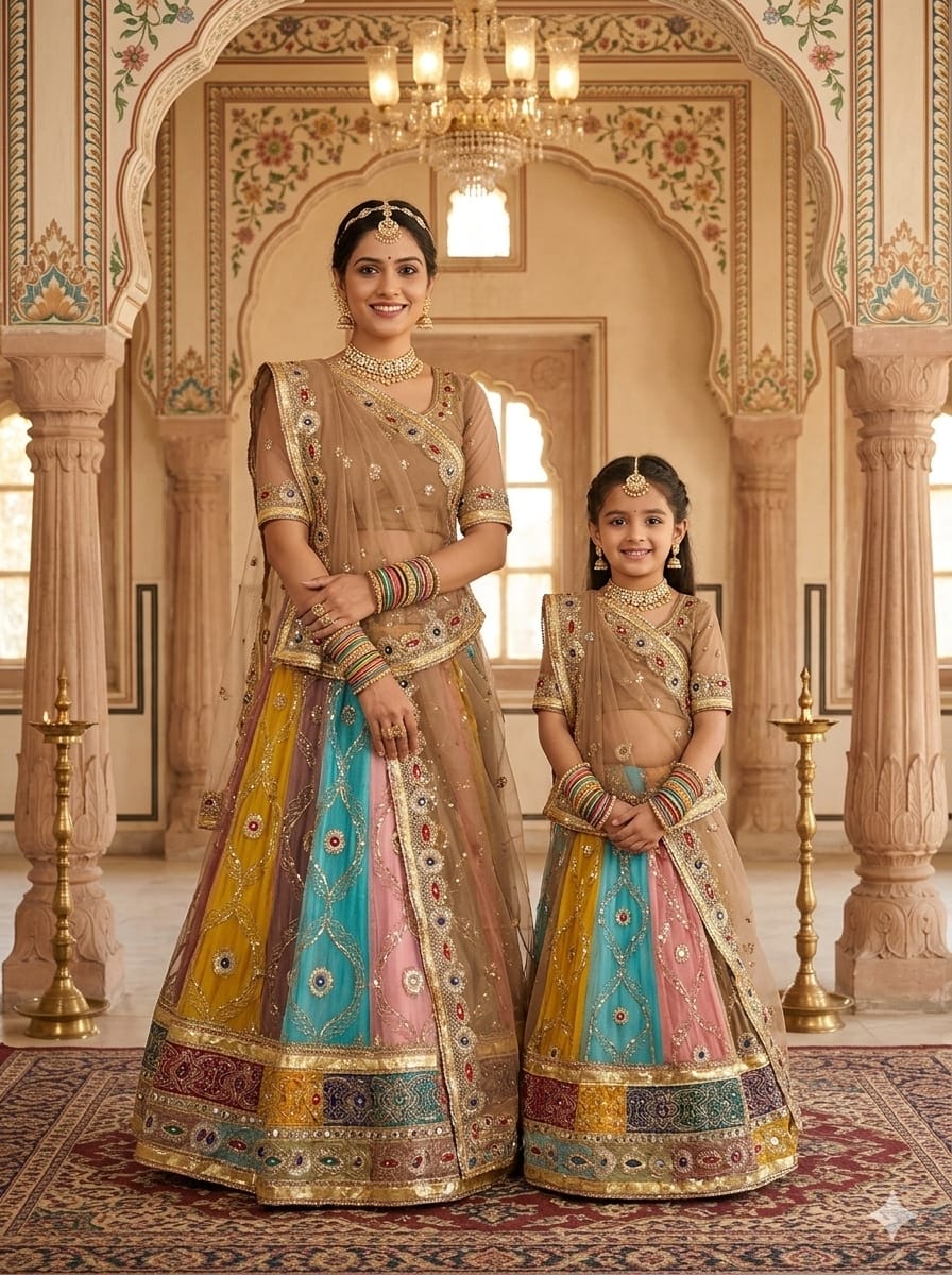 Brown Pure Georgette Silk Vintage Rajasthani Rajwadi Mother Daughter Combo Lehenga Choli