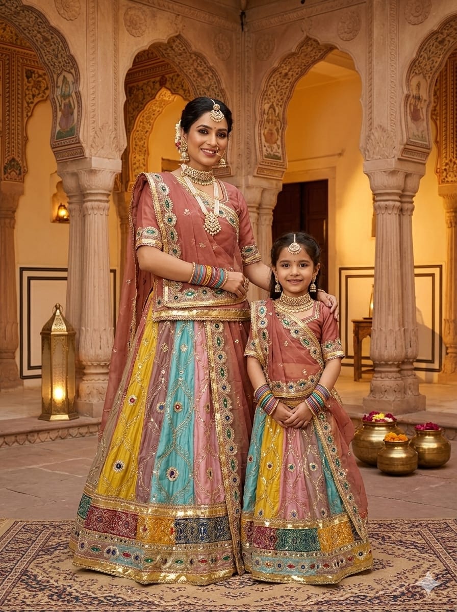 Rust Pure Georgette Silk Vintage Rajasthani Rajwadi Mother Daughter Combo Lehenga Choli