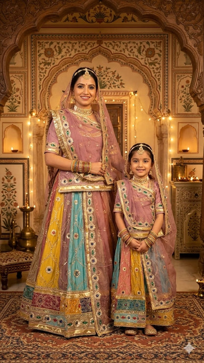 Mauve Pure Georgette Silk Vintage Rajasthani Rajwadi Mother Daughter Combo Lehenga Choli