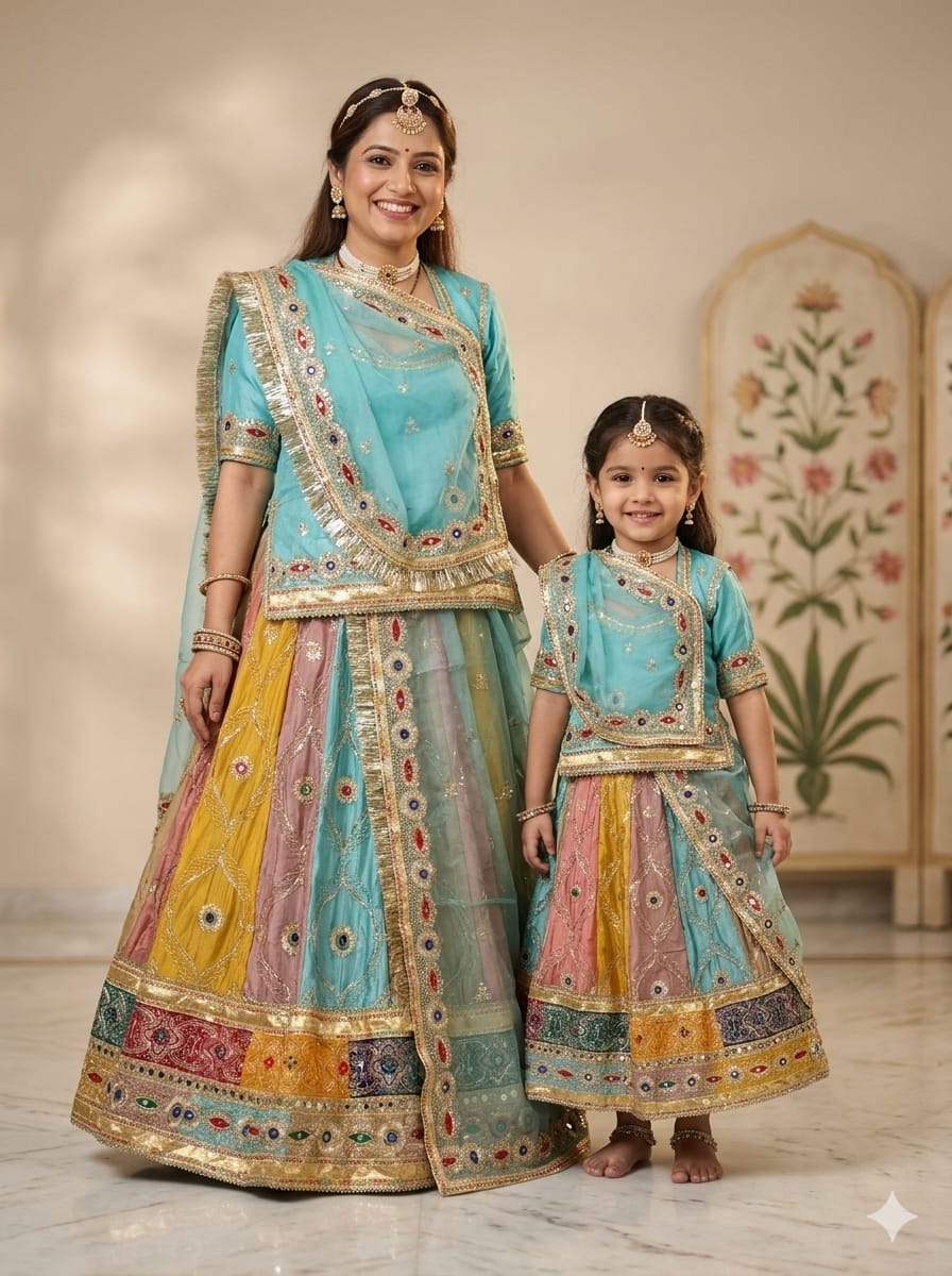 Sky Pure Georgette Silk Vintage Rajasthani Rajwadi Mother Daughter Combo Lehenga Choli