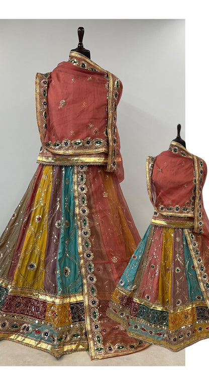 Rust Pure Georgette Silk Vintage Rajasthani Rajwadi Mother Daughter Combo Lehenga Choli