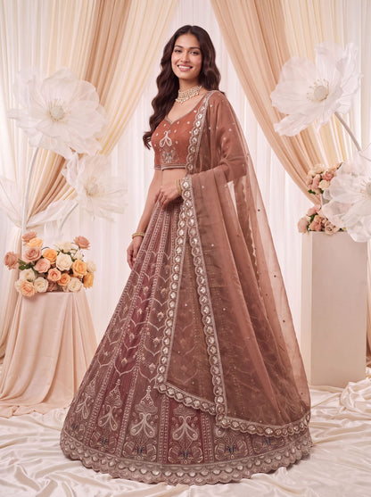 Brown Pure Chandnia Silk Handwork Motif Peacock Multi Thread &amp; Sequins Work Bridal Lehenga Choli