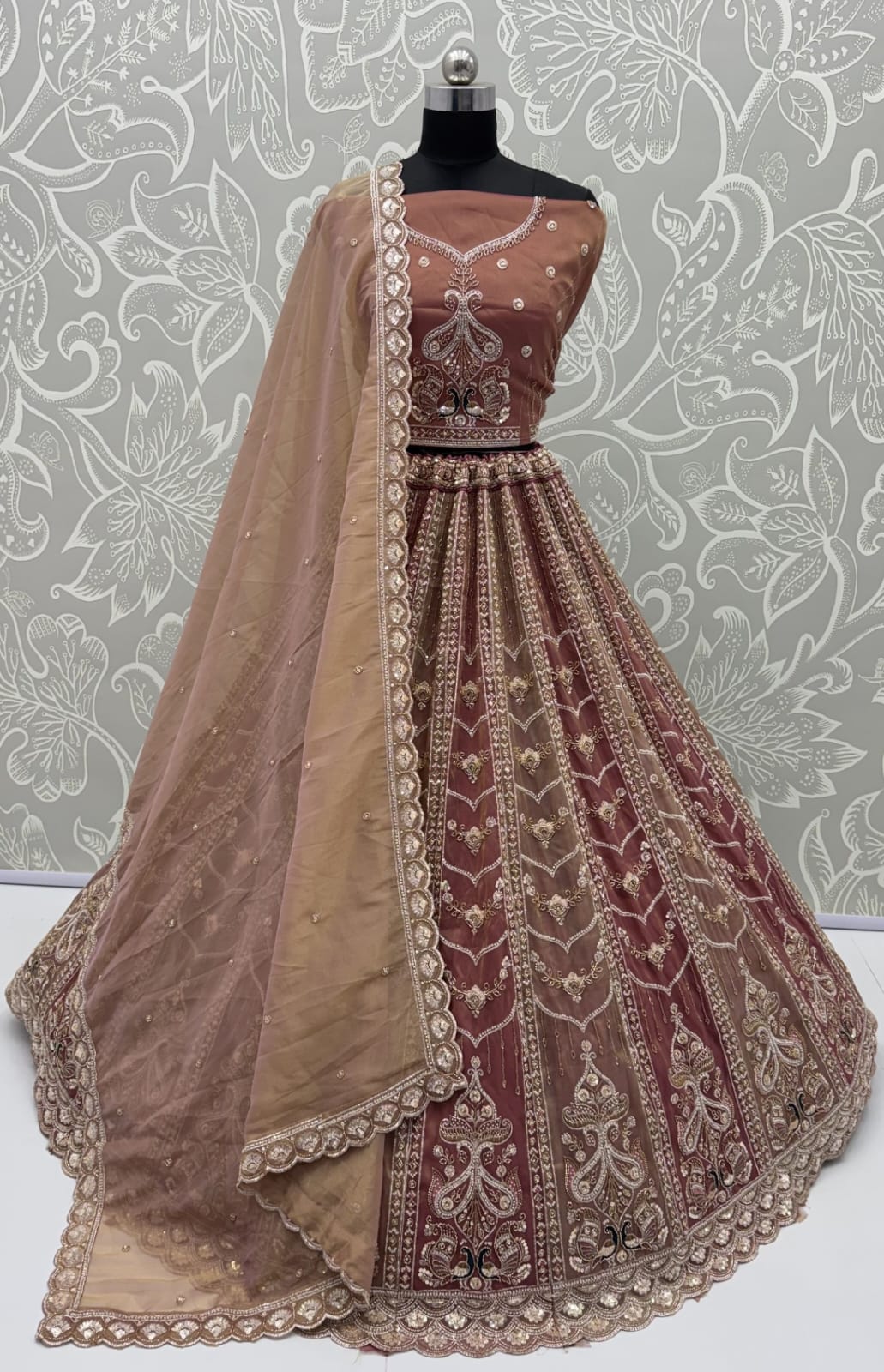 Brown Pure Chandnia Silk Handwork Motif Peacock Multi Thread &amp; Sequins Work Bridal Lehenga Choli