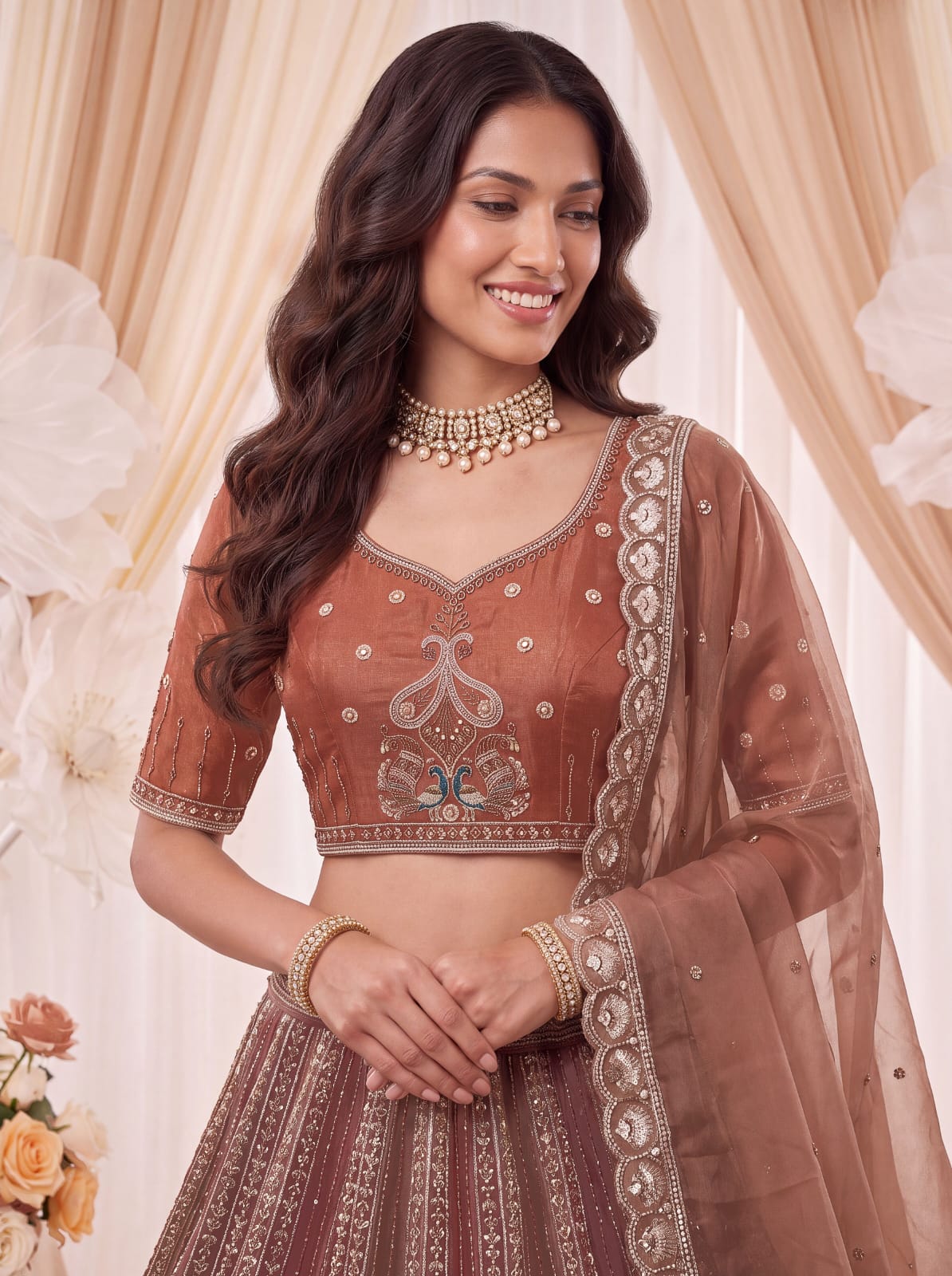 Brown Pure Chandnia Silk Handwork Motif Peacock Multi Thread &amp; Sequins Work Bridal Lehenga Choli