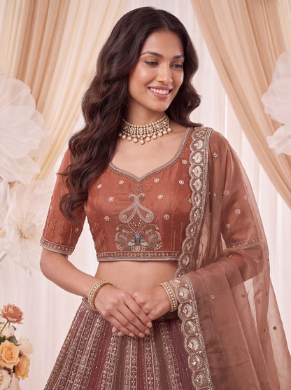 Brown Pure Chandnia Silk Handwork Motif Peacock Multi Thread &amp; Sequins Work Bridal Lehenga Choli