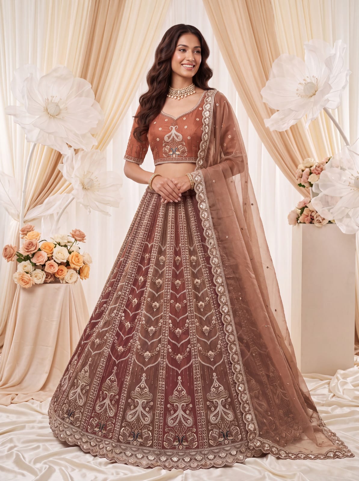 Brown Pure Chandnia Silk Handwork Motif Peacock Multi Thread &amp; Sequins Work Bridal Lehenga Choli