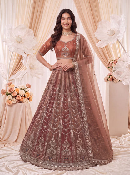 Brown Pure Chandnia Silk Handwork Motif Peacock Multi Thread &amp; Sequins Work Bridal Lehenga Choli