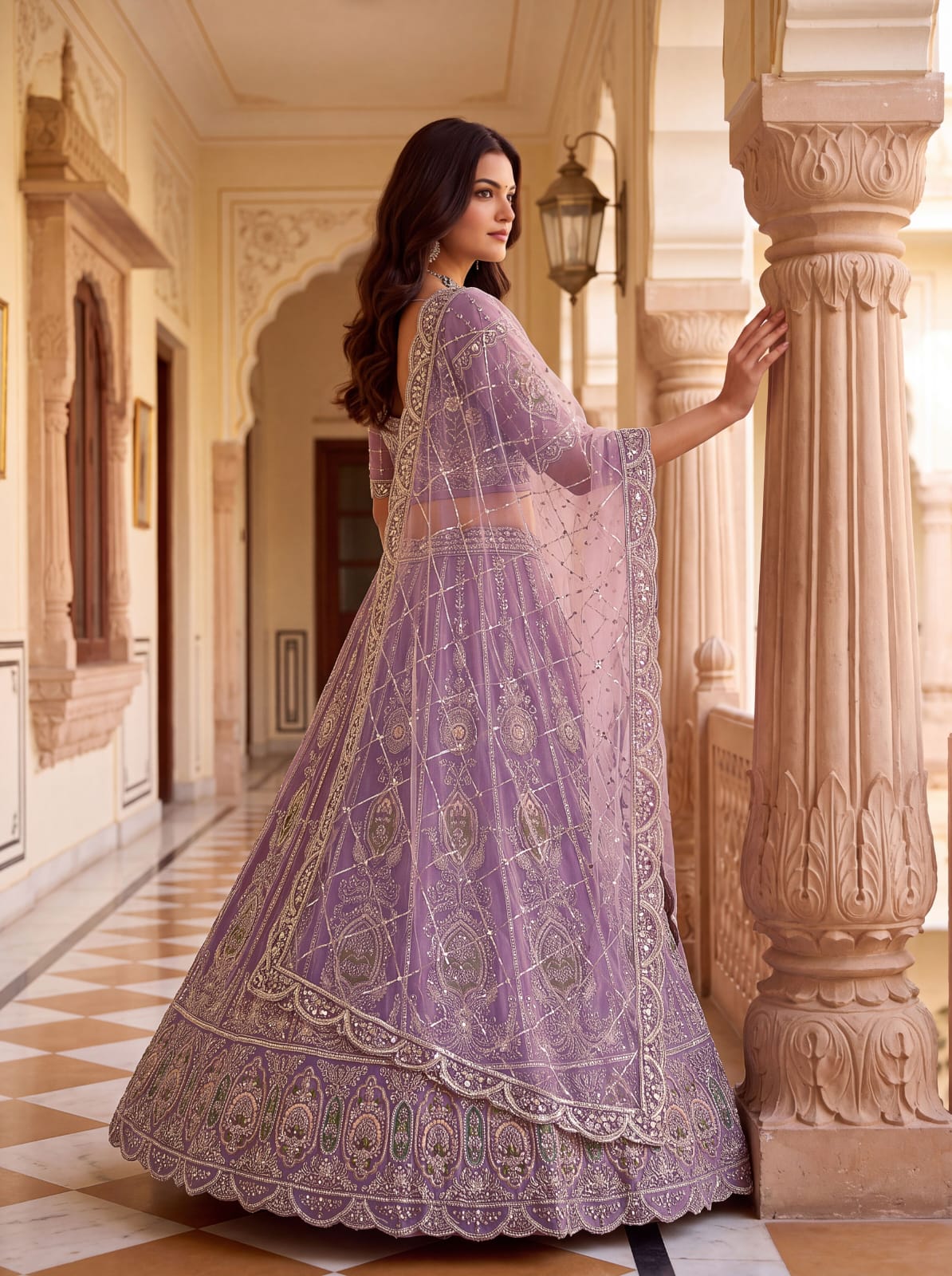Lavender Pure Premium Net Handwork Motif Crystal Patch Multi Thread &amp; Sequins Work Bridal Lehenga Choli